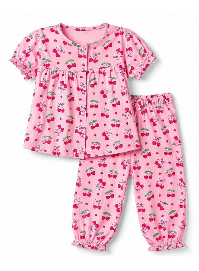 Babyhug Babyhug Cotton Knit  Half Sleeves Top & Pants Co-ords Pajama Set with Strawberry Print - Pink