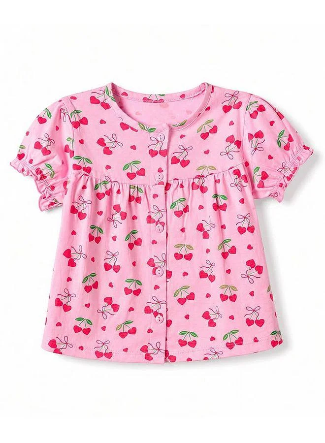 Babyhug Babyhug Cotton Knit  Half Sleeves Top & Pants Co-ords Pajama Set with Strawberry Print - Pink