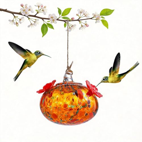KRISININE 3in Small Colorful Hummingbird Feeder Glass for Outdoors Window Hanging Blown Glass Hummingbirds Feeders for Outside with 2 Feeding Ports Ant and Bee Resistant Humming Birds Feeder Gifts for Women - Image 1