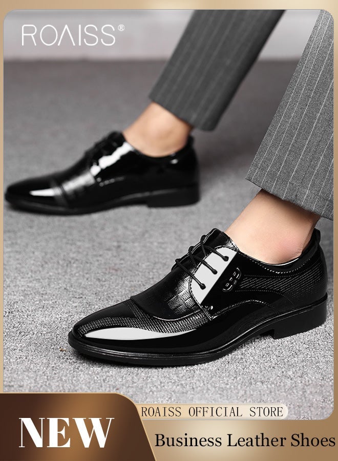 roaiss Men's Non-slip Leather Shoes Soft, Comfortable Durable Casual Shoes Business Formal Shoes Pointed-Toe Lace-Up Wedding Shoes Low Top Flat Loafer Black - Image 2
