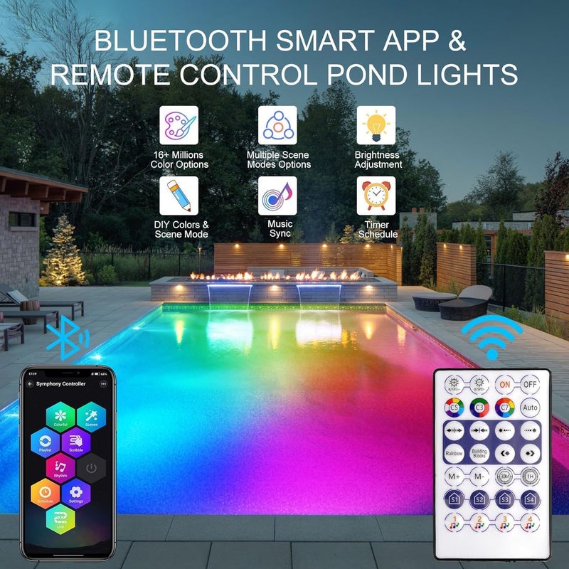 4-in-1 RGB Underwater Pond Lights, IP68, APP Remote Timer Control, UK Plug - Image 3