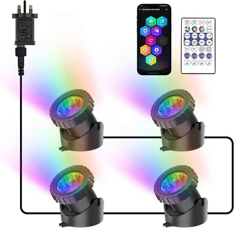 4-in-1 RGB Underwater Pond Lights, IP68, APP Remote Timer Control, UK Plug - Image 1