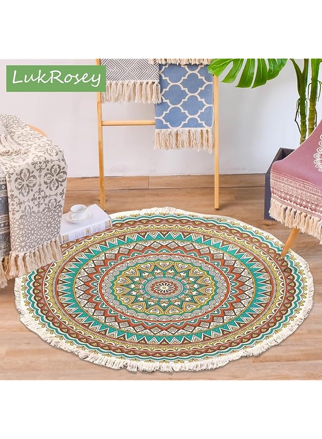 erorex Round Area Rug 90Cm Round Nordic Handmade Fringe Carpet Hand Woven Cotton Rugs Non Slip Indoor Sofa Floor Area Rug Mat For Living Room Children Playroom Compatible Bedroom Style 2 - Image 5