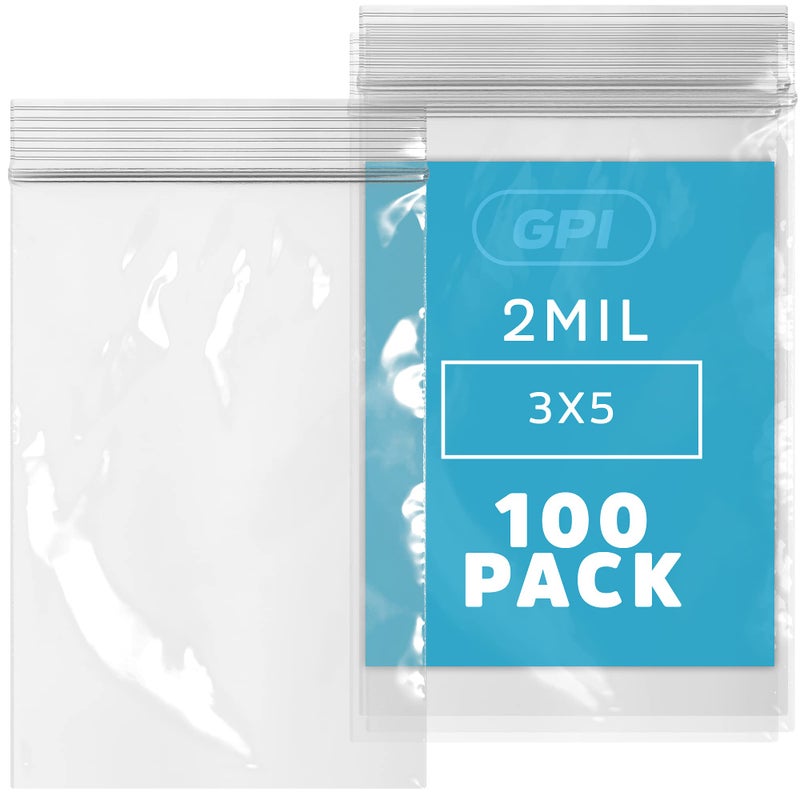 3" x 5" Zip Bags - 100 Count, Small, Clear Plastic Reclosable Zipper Poly Baggies, 2 Mil, with Resealable Zip Top Lock for Packaging Jewelry, Coins, Pills, Candy, Beads, Seeds & More.