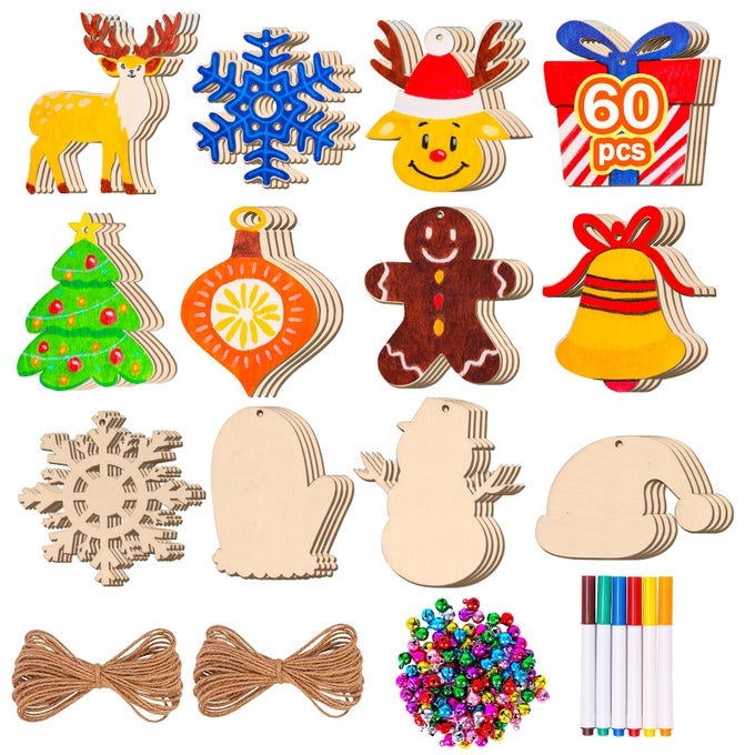 60PCS CHRISTMAS WOODEN ORNAMENTS UNFINISHED PREDRILLED WOOD SLICES CIRCLES FOR CRAFTS XMAS HOLIDAY HANGING DECORATION IN 12 SHAPES