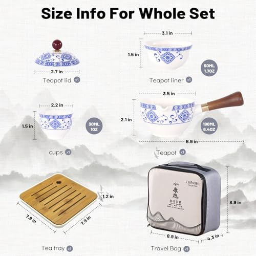 LURRIER Porcelain Chinese Gongfu Tea Set,Portable Teapot Set with 360 Rotation Tea maker and Infuser,Portable All in One Gift Bag for Travel,Home,Gifting,Outdoor and Office (Floral White) - Image 2