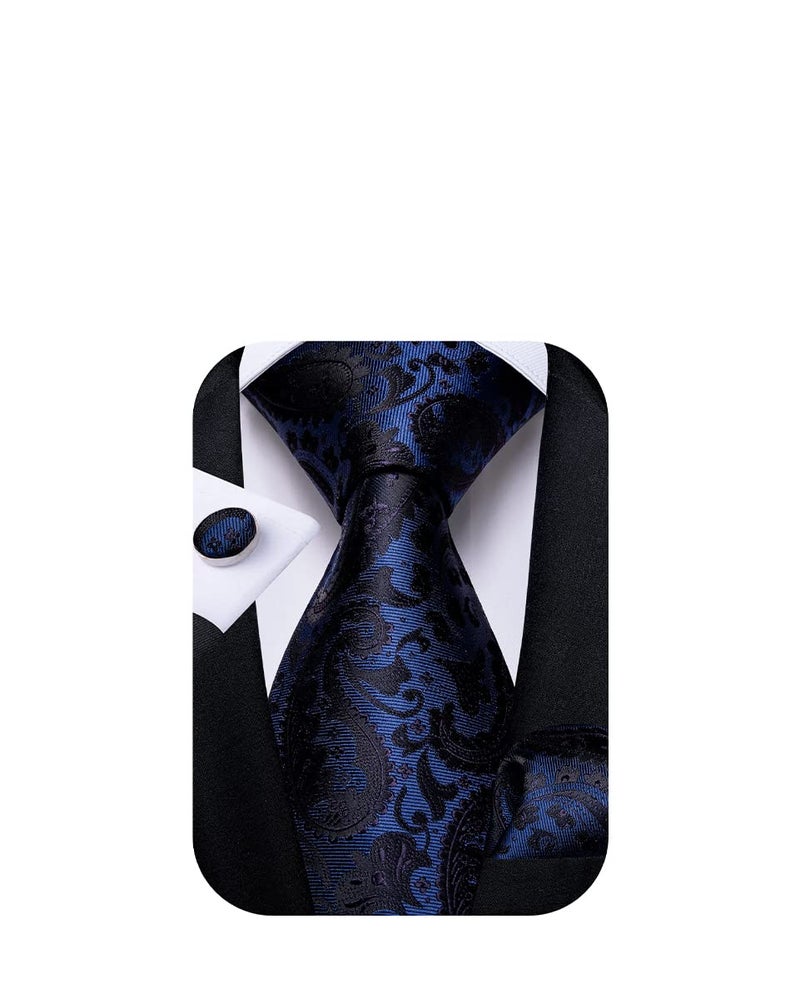 DiBanGu Men Navy Blue Paisley Tie Silk Blue Black Floral Tie and Handkerchief Cufflinks Set - Image 1