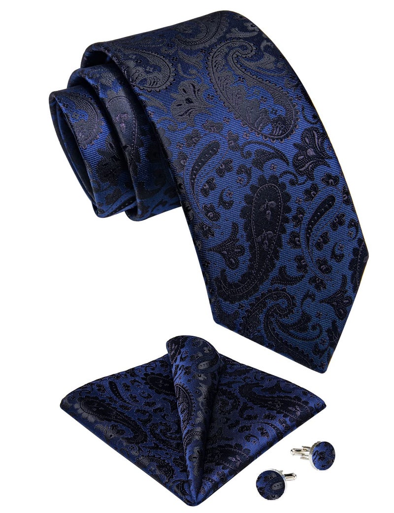 DiBanGu Men Navy Blue Paisley Tie Silk Blue Black Floral Tie and Handkerchief Cufflinks Set - Image 3