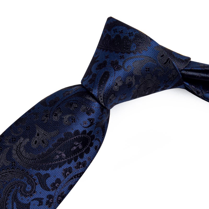 DiBanGu Men Navy Blue Paisley Tie Silk Blue Black Floral Tie and Handkerchief Cufflinks Set - Image 4
