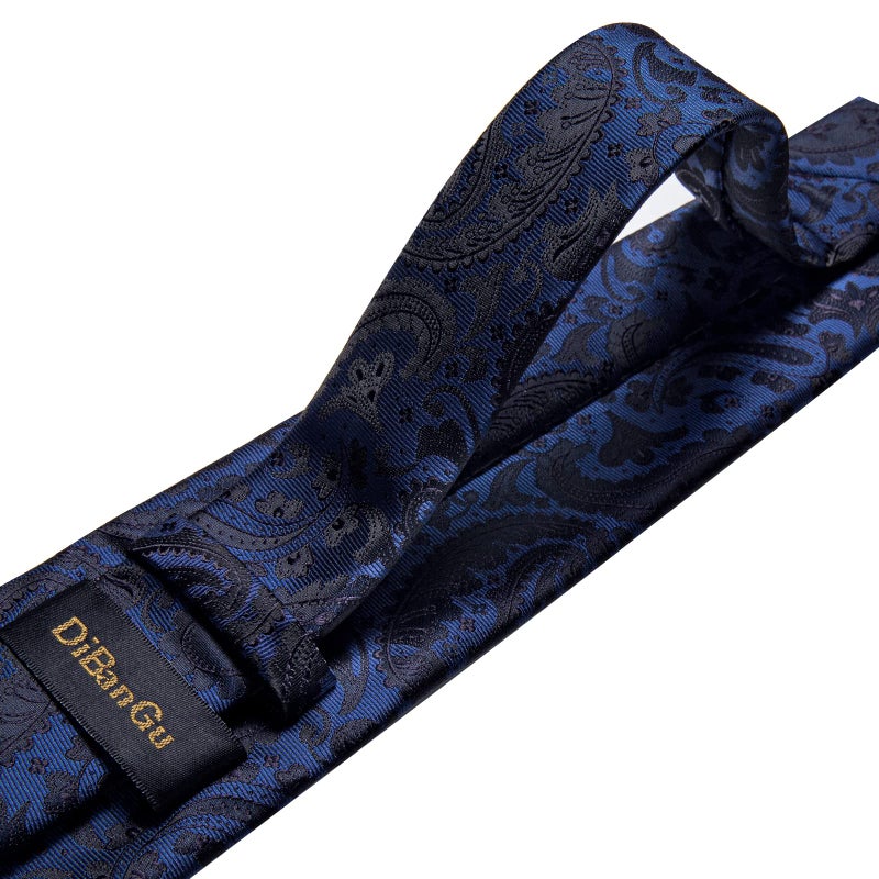 DiBanGu Men Navy Blue Paisley Tie Silk Blue Black Floral Tie and Handkerchief Cufflinks Set - Image 5