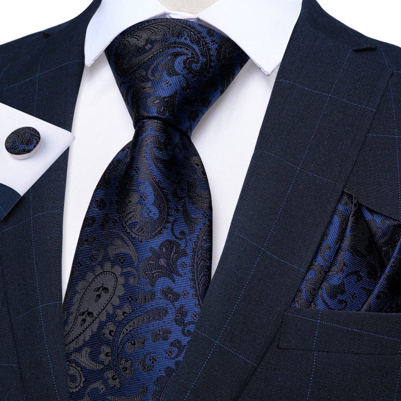 DiBanGu Men Navy Blue Paisley Tie Silk Blue Black Floral Tie and Handkerchief Cufflinks Set - Image 2