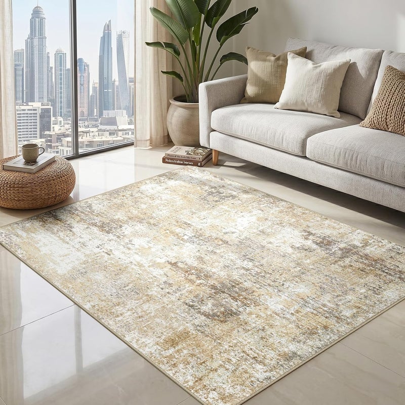 INOVADAY سجاد لغرفة المعيشة، قابل للغسيل في الغسالة، مقاس 150 * 210 سم، سجاد من البوليستر بتصميم معاصر ومجرد، ذو نسيج ناعم وقصير، غير زلق، مناسب لغرفة النوم وغرفة الطعام، لون بني فاتح - Image 1