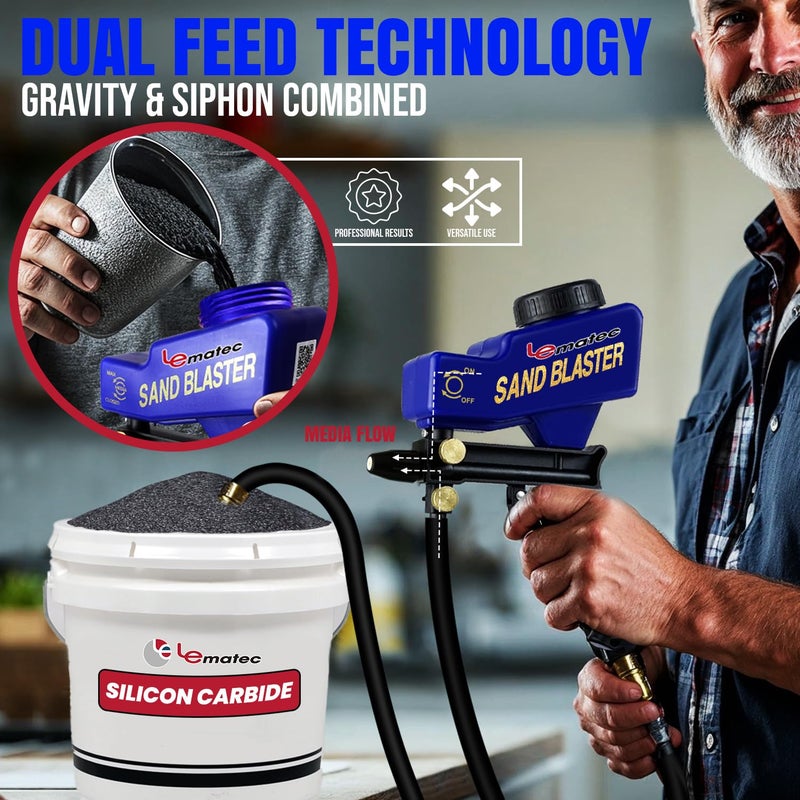 LE LEMATEC مجموعة مسدس الرمل المحمول LE LEMATEC لإزالة الصدأ ونقش الزجاج - تتطلب ضاغط هواء 150PSI 4+ CFM للأعمال التفصيلية والمشاريع الصغيرة - وظيفة السيفون الخزفية - Image 2