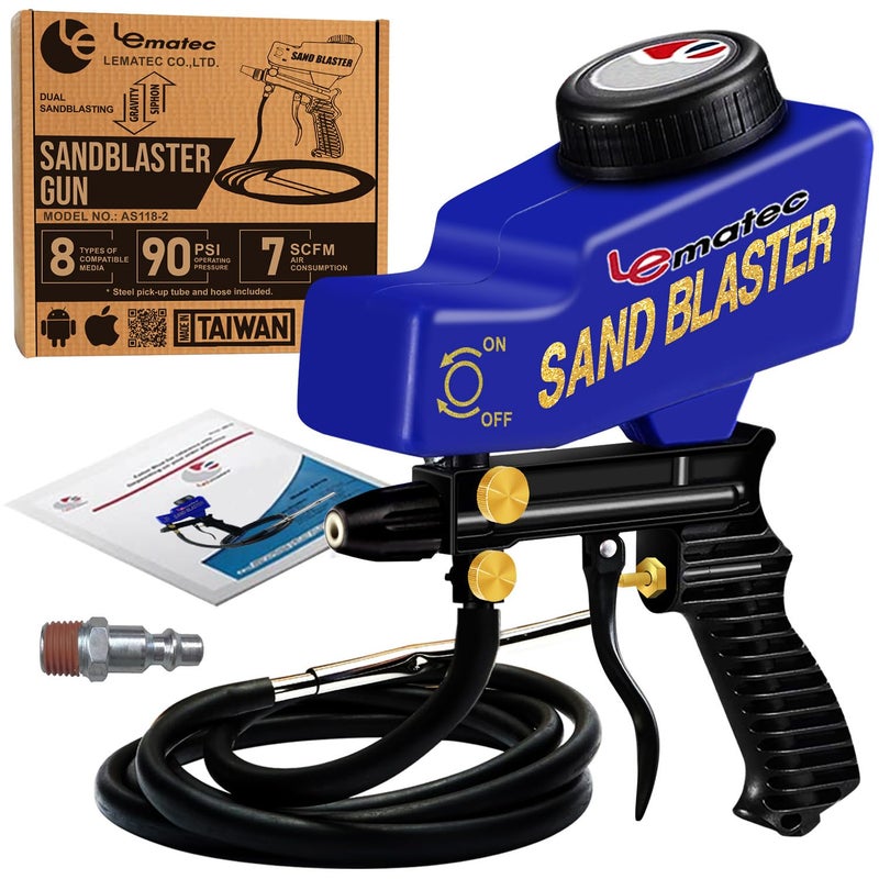 LE LEMATEC مجموعة مسدس الرمل المحمول LE LEMATEC لإزالة الصدأ ونقش الزجاج - تتطلب ضاغط هواء 150PSI 4+ CFM للأعمال التفصيلية والمشاريع الصغيرة - وظيفة السيفون الخزفية - Image 1