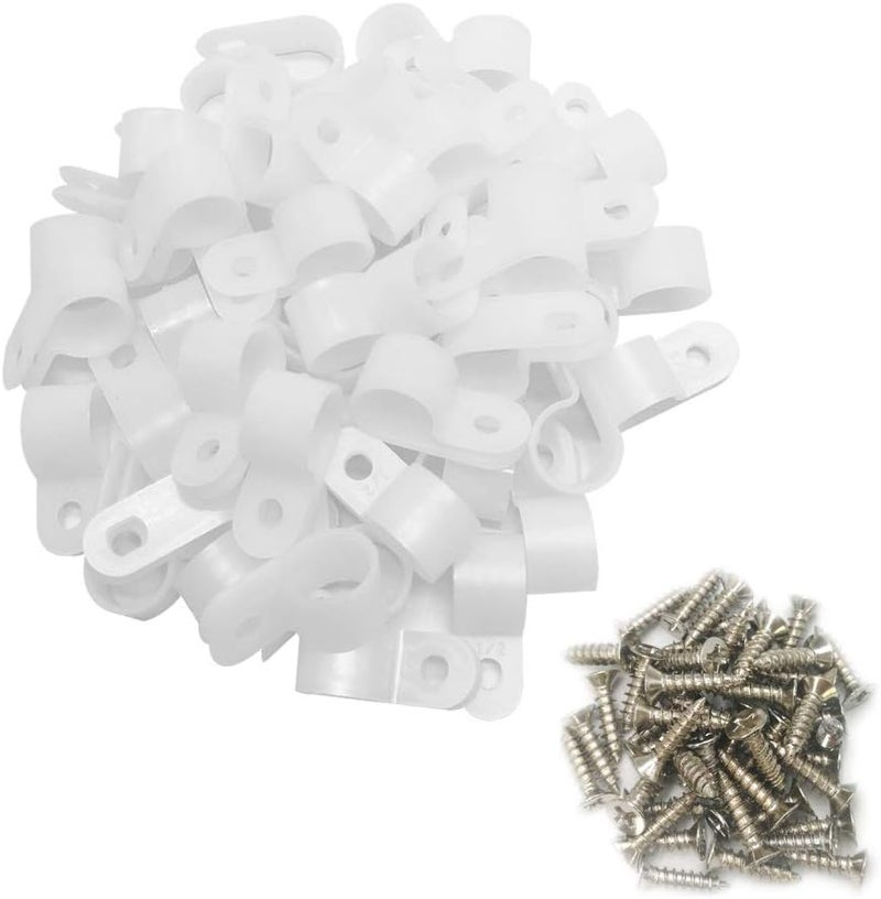 Alamic Cable Clamp R-Type Cable Clip Wire Clamp 1/2“ Nylon Screw Mounting Cord Fastener Clips with Screws for Wire Management - 50 Pcs Cable Clamps + 50 Pcs Screws, White - Image 1