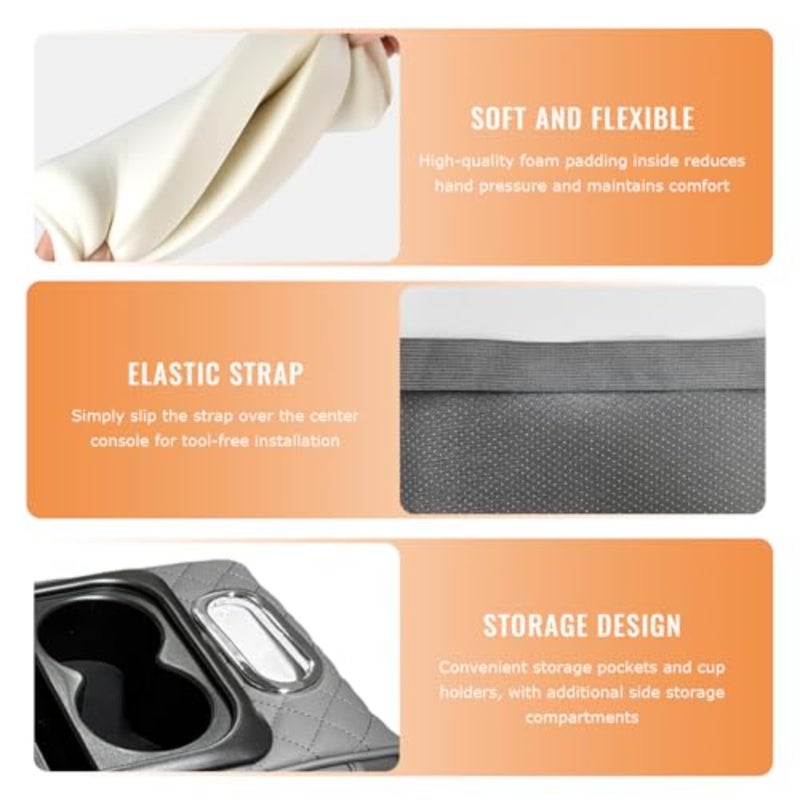 Car Center Console Armrest Pillow, 5-in-1 Armrest Cushion w/ 2 Side Bags, Tissue Box Slot, Cup and Phone Holder, Leather Auto Arm Rest Cover Storage Organizer - Image 3