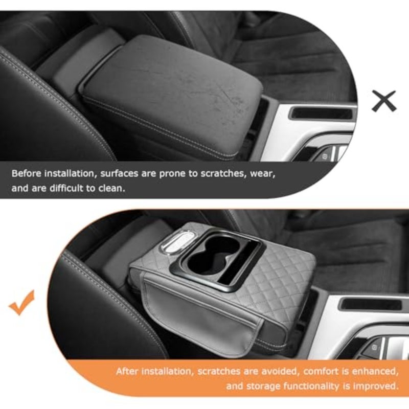 Car Center Console Armrest Pillow, 5-in-1 Armrest Cushion w/ 2 Side Bags, Tissue Box Slot, Cup and Phone Holder, Leather Auto Arm Rest Cover Storage Organizer - Image 5