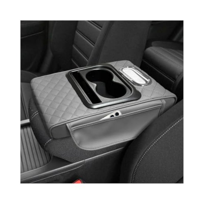Car Center Console Armrest Pillow, 5-in-1 Armrest Cushion w/ 2 Side Bags, Tissue Box Slot, Cup and Phone Holder, Leather Auto Arm Rest Cover Storage Organizer - Image 1