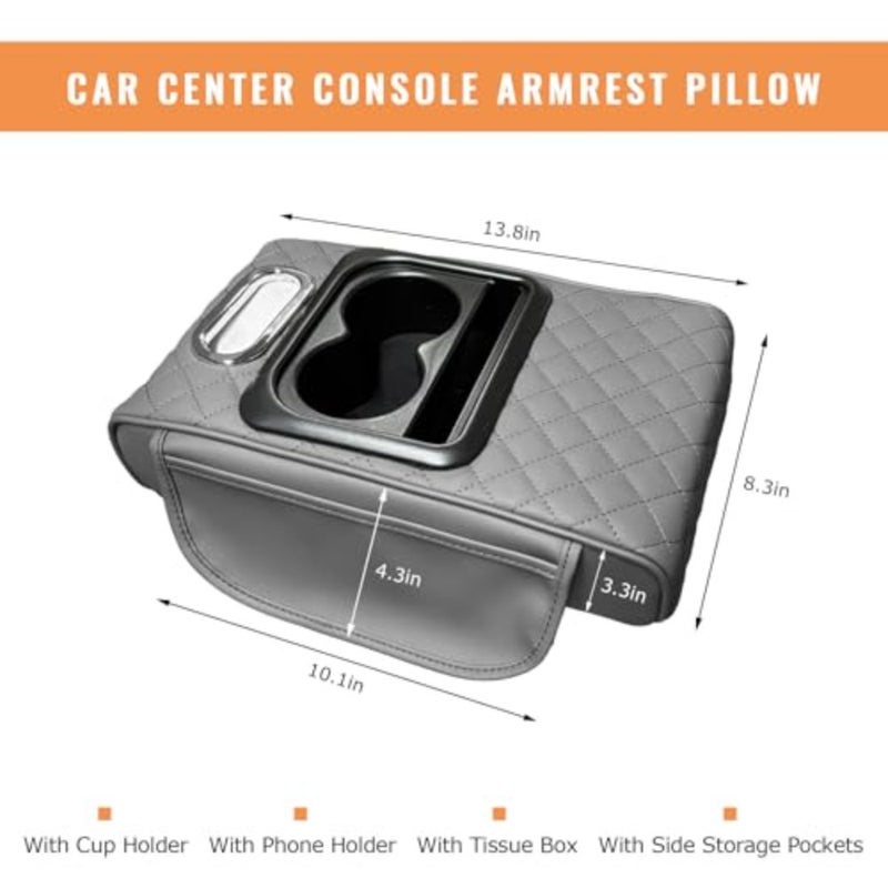 Car Center Console Armrest Pillow, 5-in-1 Armrest Cushion w/ 2 Side Bags, Tissue Box Slot, Cup and Phone Holder, Leather Auto Arm Rest Cover Storage Organizer - Image 2