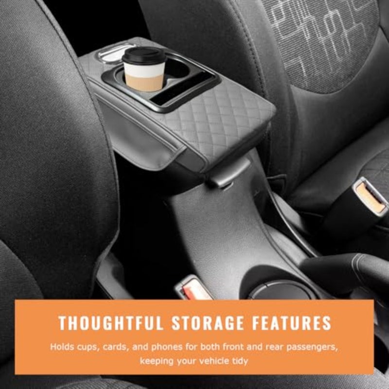 Car Center Console Armrest Pillow, 5-in-1 Armrest Cushion w/ 2 Side Bags, Tissue Box Slot, Cup and Phone Holder, Leather Auto Arm Rest Cover Storage Organizer - Image 4