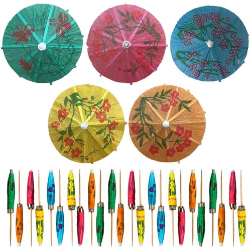 Mobi Lock 220Pcs Assorted Bamboo Wooden Cocktail Umbrella Picks - 3.9in (10cm) Colorful Parasol Toothpicks for Tropical Drinks, Cupcake Toppers, Tiki Bars, Pool Parties, Luaus, and Summer Events - by Mobi Lock - Image 1