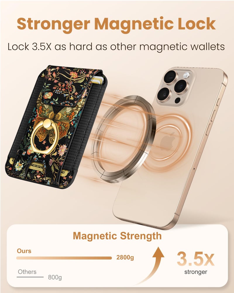 Shorogyt Compatible with Magsafe Wallet with Ring Stand Grip - Cute Magnetic Phone Wallets Card Holder for iPhone 17/16/15/14/13/12 Series for Women Girls Vintage Butterfly Design, Fit 7 Cards - Image 3