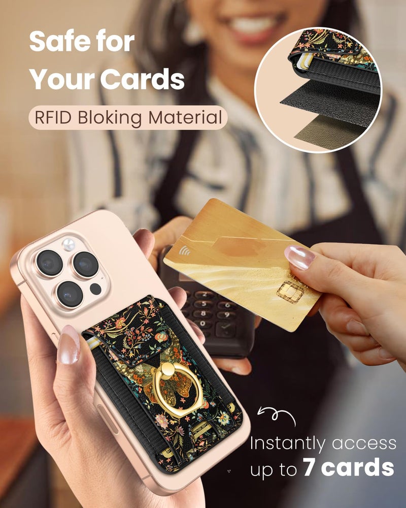 Shorogyt Compatible with Magsafe Wallet with Ring Stand Grip - Cute Magnetic Phone Wallets Card Holder for iPhone 17/16/15/14/13/12 Series for Women Girls Vintage Butterfly Design, Fit 7 Cards - Image 5