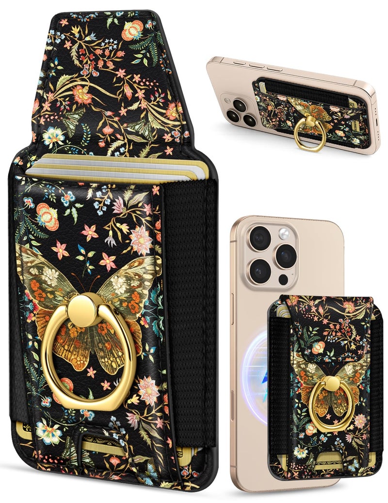 Shorogyt Compatible with Magsafe Wallet with Ring Stand Grip - Cute Magnetic Phone Wallets Card Holder for iPhone 17/16/15/14/13/12 Series for Women Girls Vintage Butterfly Design, Fit 7 Cards - Image 1