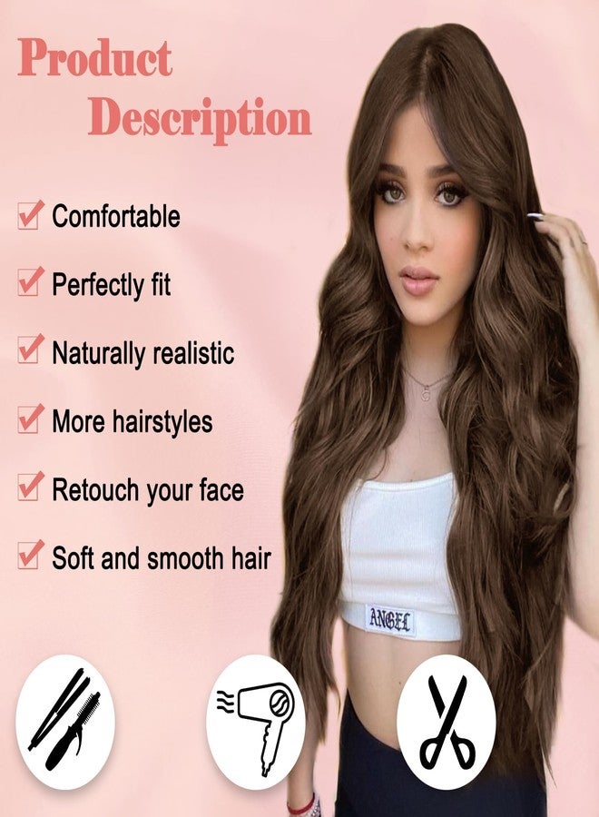 NAYOO Long Dark Brown Wavy Wig for Women 26 Inch Middle Part Curly Wavy Wig Natural Looking Synthetic Heat Resistant Fiber for Daily Party Use(26 Inch Dark Brown) - Image 2