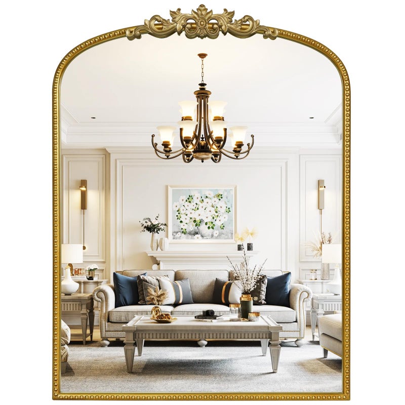 WallBeyond Gold Vintage Mirror for Vanity 24x32 Inch Gold Antique Mirror with Ornate Frame Arched Vintage Wall for Bathroom Living Room Fireplace Entryway