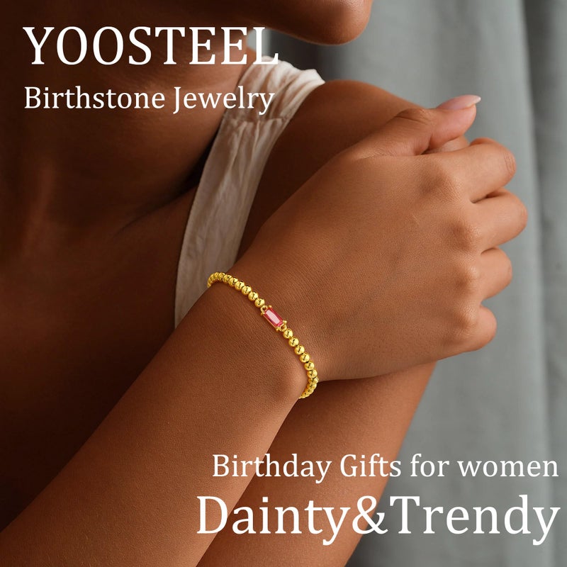 Yoosteel October Birthstone Bracelet for Women - Dainty Tourmaline Pink Birthstone 14K-Gold-Plated Elastic Bead Bracelets Trendy Friendship Jewelry Gifts for Women - Image 2