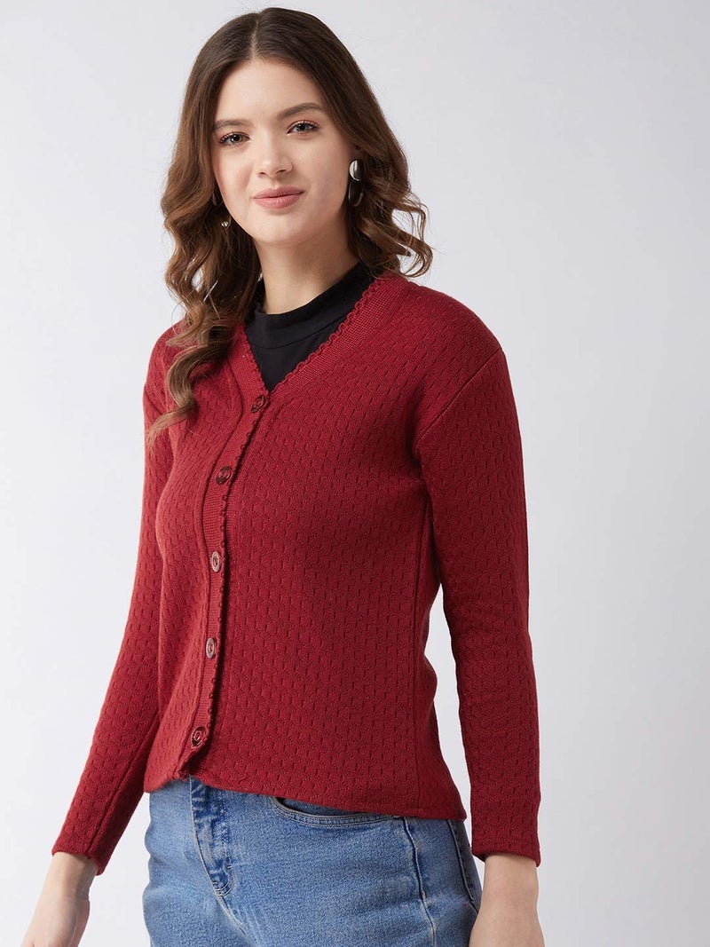 Pivl Women's Blended V-Neck Cardigan Sweater (PV501_Maroon - Image 3