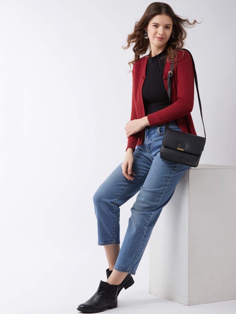Pivl Women's Blended V-Neck Cardigan Sweater (PV501_Maroon - Image 2