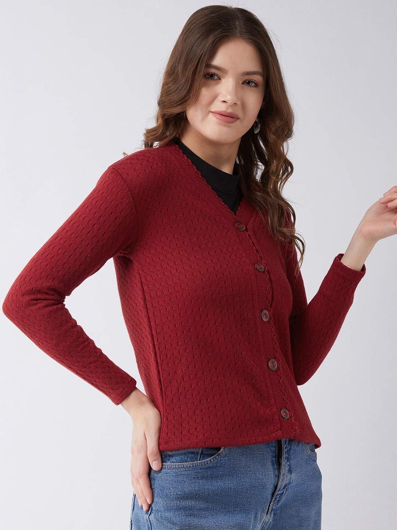 Pivl Women's Blended V-Neck Cardigan Sweater (PV501_Maroon - Image 4