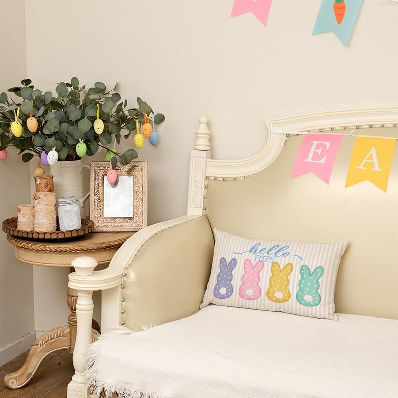 AACORS Easter Pillow Cover 12x20 Inch Striped Bunny Hello Peeps Decorations Holiday Farmhouse Spring Pillow Case for Home Sofa Couch Decor - Image 2