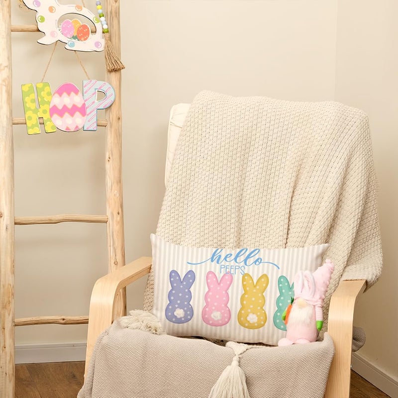 AACORS Easter Pillow Cover 12x20 Inch Striped Bunny Hello Peeps Decorations Holiday Farmhouse Spring Pillow Case for Home Sofa Couch Decor - Image 4