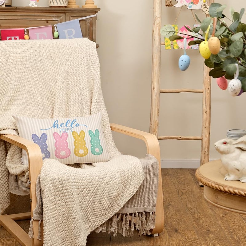 AACORS Easter Pillow Cover 12x20 Inch Striped Bunny Hello Peeps Decorations Holiday Farmhouse Spring Pillow Case for Home Sofa Couch Decor - Image 5