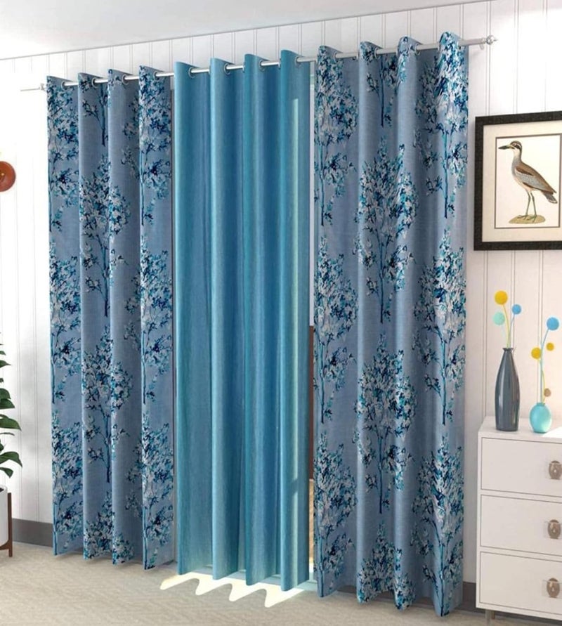 HOMYHISE Polyester Super Platinum Art Work 9 Feet Plain Long Door Curtains Set of 3 Blue Grommets