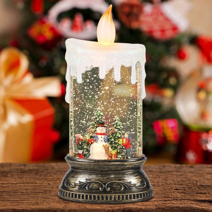 CHRISTMAS SNOW GLOBE CANDLE SWIRLING GLITTERING CANDLE WITH TIMER MUSIC SNOWMAN AND KIDS SCENE WINTER SNOW SHAPED LANTERN USBBATTERY OPERATED CANDLES FOR CHRISTMAS DECOR