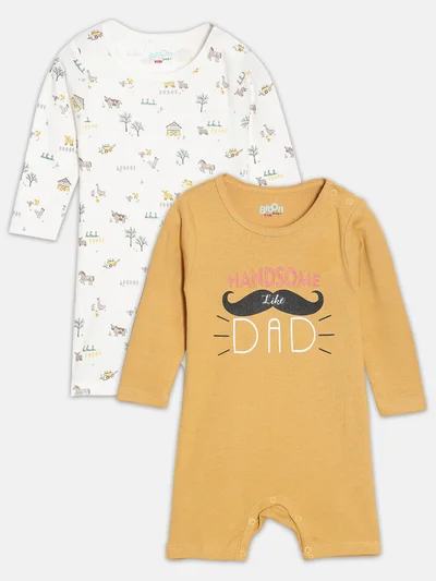 Broon Broon Infant Boys Off White and Mustard Printed Organic Cotton Rompers Pack of 2