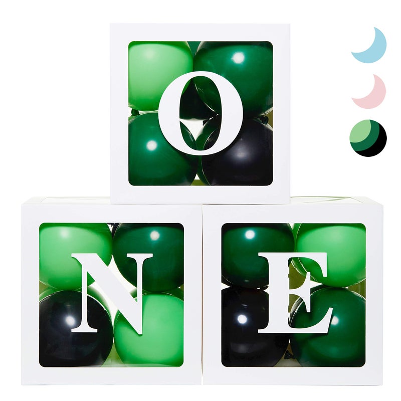 PartyHooman 1st Birthday Balloon ONE Boxes for 1 Year Old WITH 24 Balloons Baby first Birthday Decorations Clear Cube Blocks ONE Letters as Cake Smash Photoshoot Props in SafariJungle Wild One Green Theme - Image 2