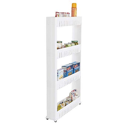 Orrda Plastic 4 Tier Space Saving Storage Organizer Slim Rack Shelf with Wheels Slim Slide Out Kitchen Trolley Rack Holder Storage Organizer for Kitchen Bathroom White - Image 4