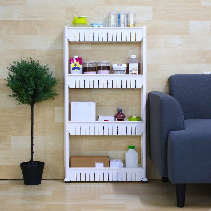 Orrda Plastic 4 Tier Space Saving Storage Organizer Slim Rack Shelf with Wheels Slim Slide Out Kitchen Trolley Rack Holder Storage Organizer for Kitchen Bathroom White - Image 3