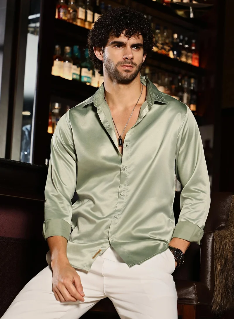 Campus Sutra Men's Sage Green Solid Satin Shirt