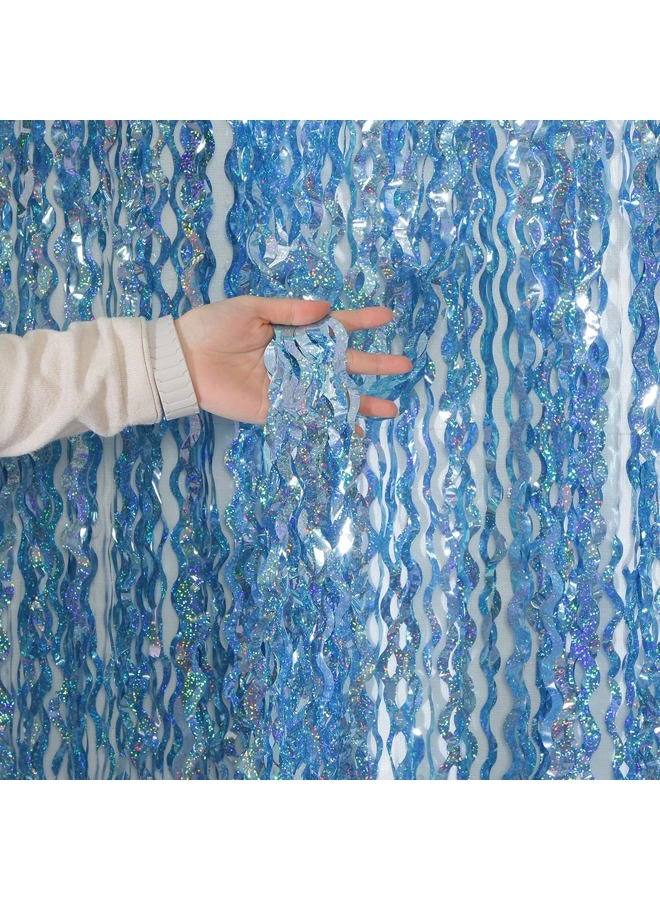 KEEUH 4 Pack Wavy Blue Tinsel Backdrop Streamers Party Decorations 3.3x6.6 Feet | Foil Fringe Curtain Ocean Themed | Blue Birthday Decorations - Image 1