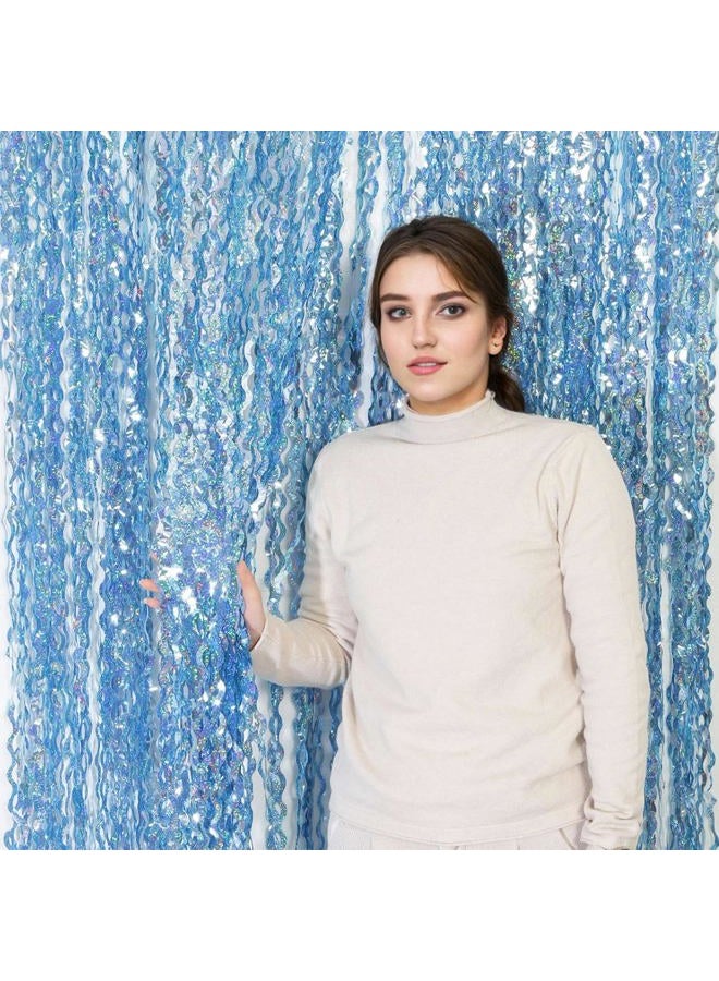 KEEUH 4 Pack Wavy Blue Tinsel Backdrop Streamers Party Decorations 3.3x6.6 Feet | Foil Fringe Curtain Ocean Themed | Blue Birthday Decorations - Image 3