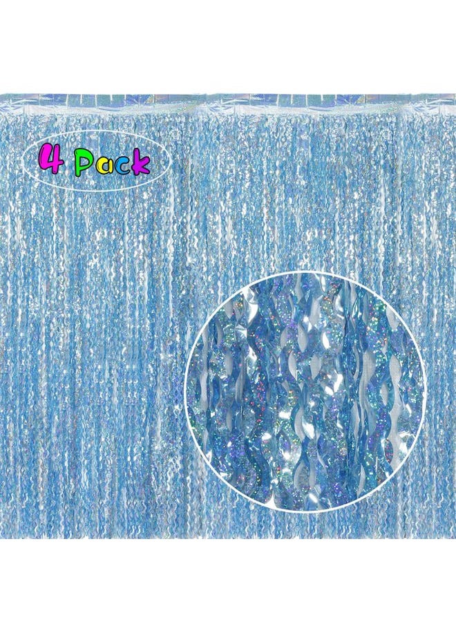 KEEUH 4 Pack Wavy Blue Tinsel Backdrop Streamers Party Decorations 3.3x6.6 Feet | Foil Fringe Curtain Ocean Themed | Blue Birthday Decorations - Image 2