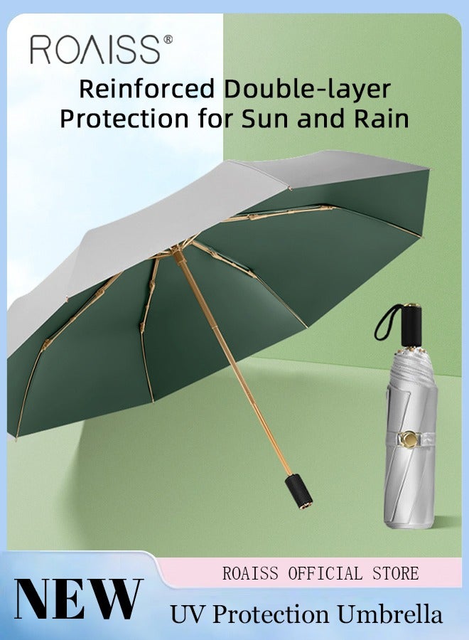 3 Fold Multi-functional Sun Umbrella with Super Sun and UV Protection Double-Layer Vinyl Sunshade 8 Rib Design for Rain and Shine Upf50+ Suitable for Commuting and Traveling Outdoors Green