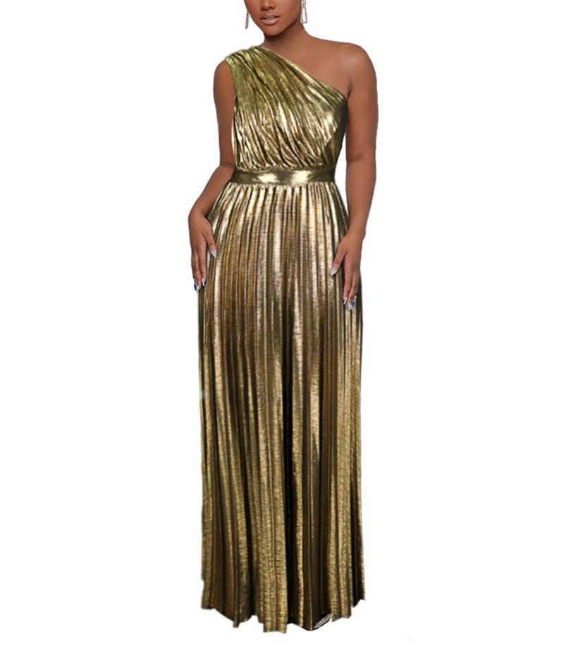 AOMEI Women's Gold Luxury Metallic One Shoulder Sleeveless Elegant Pleated Long Dress (2XL,XX-Large) - Image 1