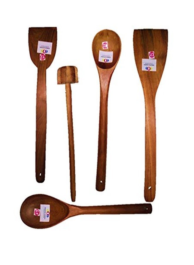ARMAN SPOONS طقم أدوات تقديم مصنوع يدويًا من خشب الساج، يتكون من 5 قطع: ملعقة تقديم، مغرفة، ملعقة مسطحة، ملعقة مسطحة للدوسا، ملعقة مسطحة للروتي، ملعقة هرس، مضرب يدوي. - Image 1